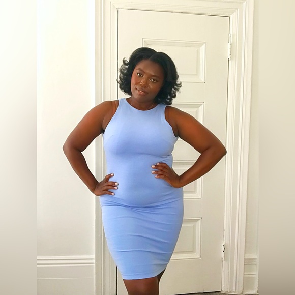 High Neck Baby Blue MIDI Bodycon Dress in size (L) Back Zipper Summer Sexy Color - Picture 2 of 6